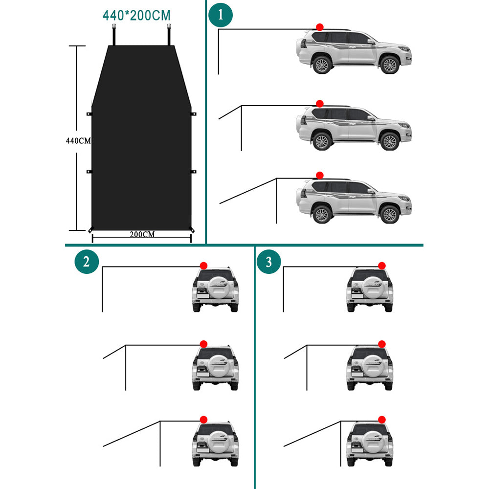 440x200cm Car Awning Tent Sun Shelter Car Tailgate Shade Road Trip Camping Canopy Shade Black