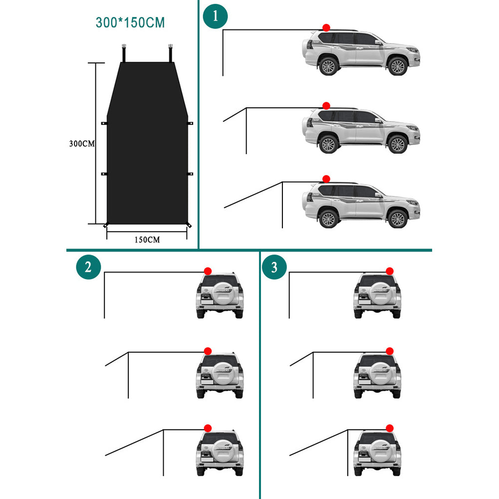 300x150cm Car Awning Tent Sun Shelter Car Tailgate Shade Road Trip Camping Canopy Shade Black