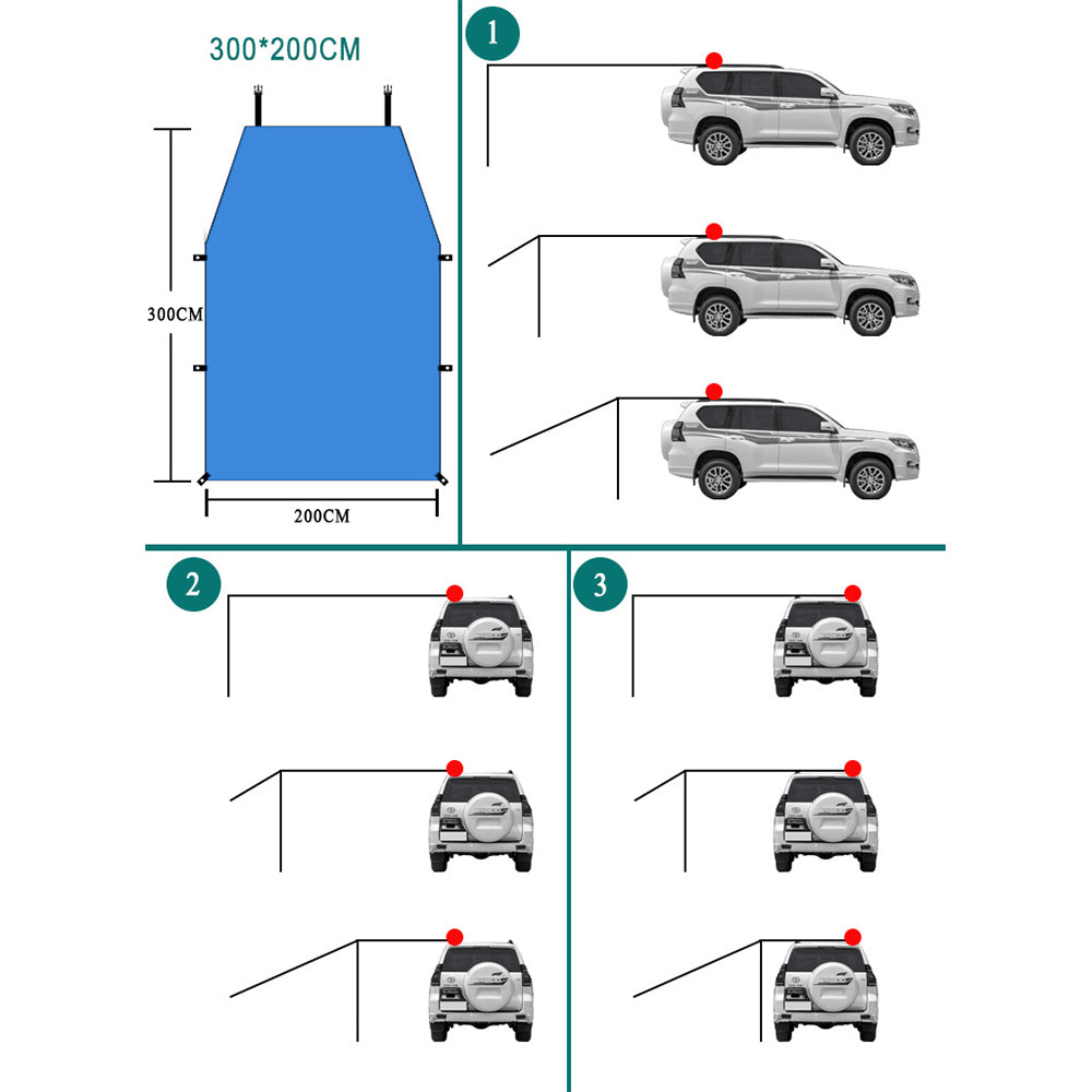300x200cm Car Awning Tent Sun Shelter Car Tailgate Shade Road Trip Camping Canopy Shade Blue
