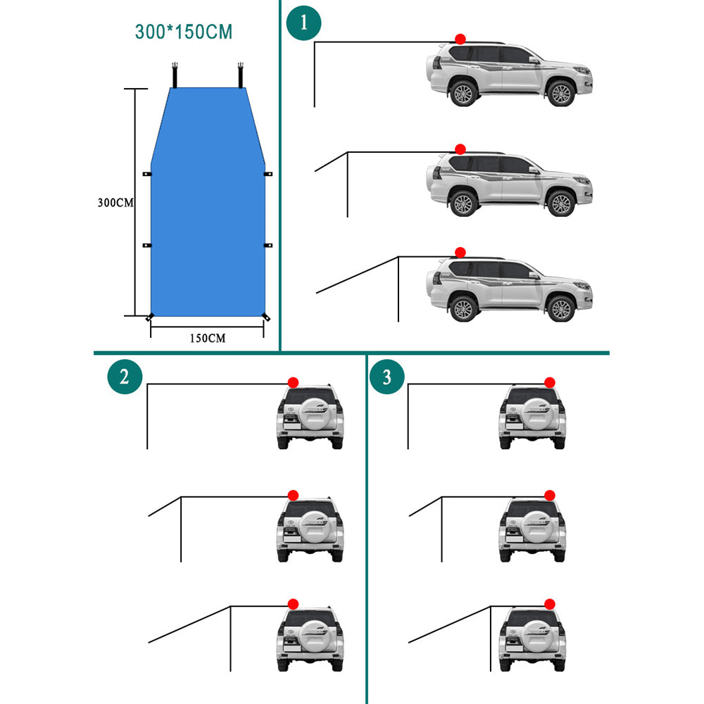 300x150cm Car Awning Tent Sun Shelter Car Tailgate Shade Road Trip Camping Canopy Shade Blue