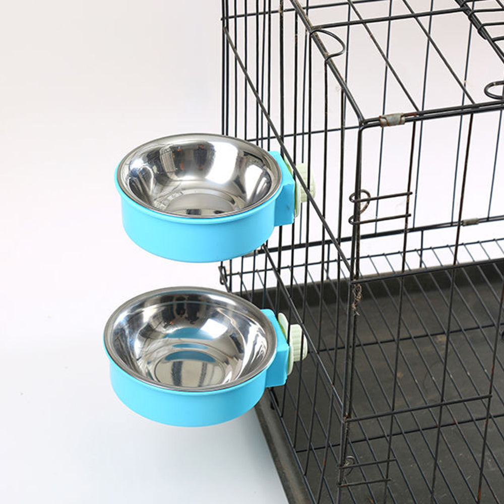 2X Crate Pet Bowl Removable Hanging Food Water Bowl Feeder Blue Pink