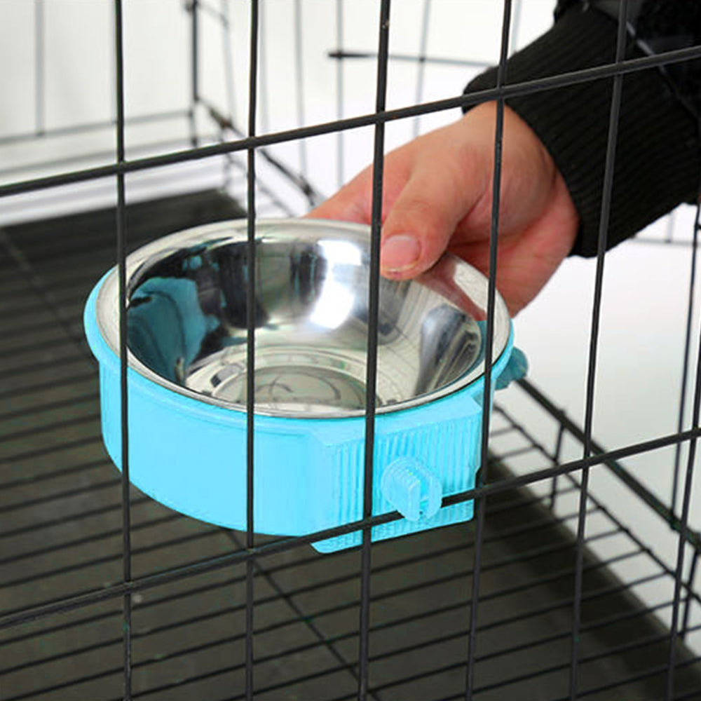 2X Crate Pet Bowl Removable Hanging Food Water Bowl Feeder Blue Pink