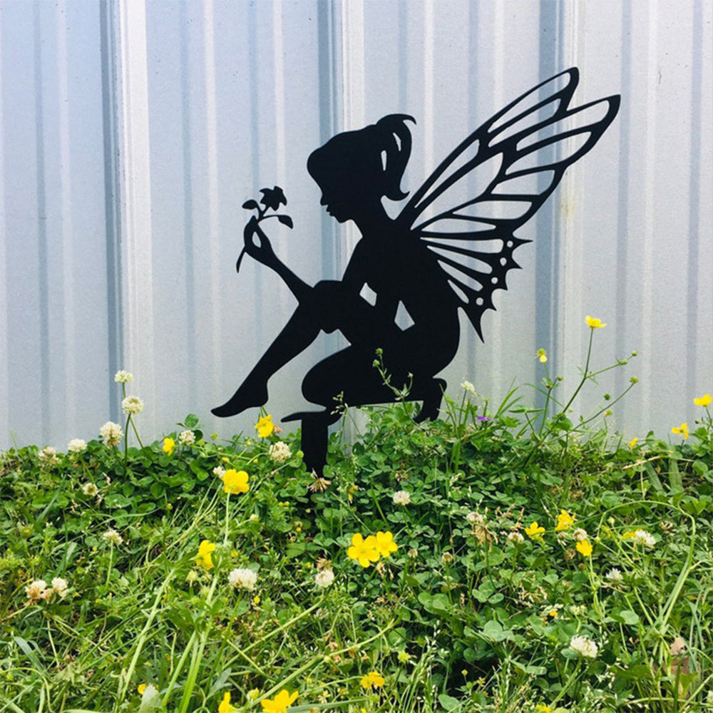 Metal Fairy Silhouette Garden Statue Sculpture Yard Stake Home Lawn Ornament
