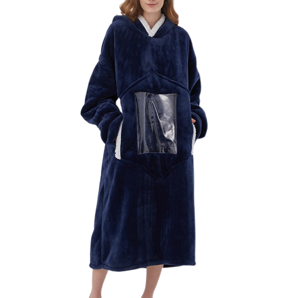 Unisex Hoodie Blanket Hooded Blanket with Visual Phone Window Navy Blue