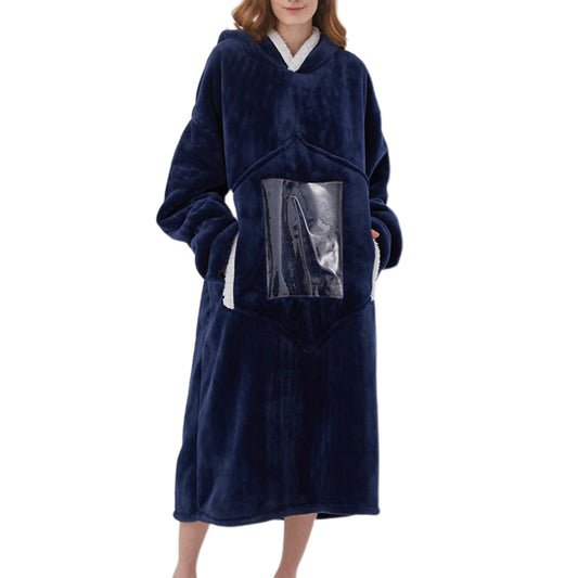 Unisex Hoodie Blanket Hooded Blanket with Visual Phone Window Navy Blue