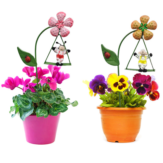 2X Metal Swing Animal Figurines for Pot Plants Pink Orange