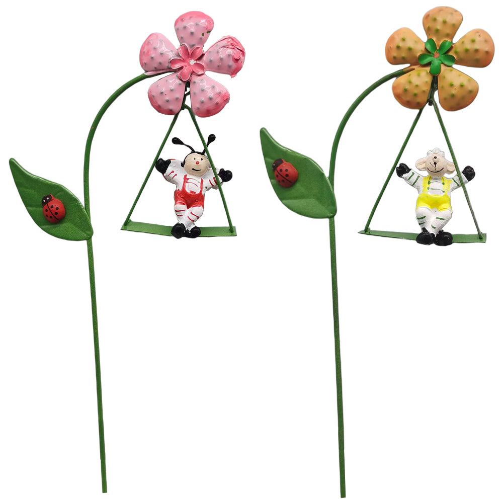 2X Metal Swing Animal Figurines for Pot Plants Pink Orange