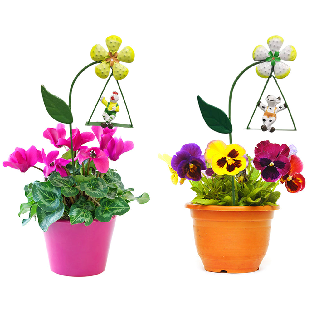 2X Metal Swing Animal Figurines for Pot Plants White Yellow