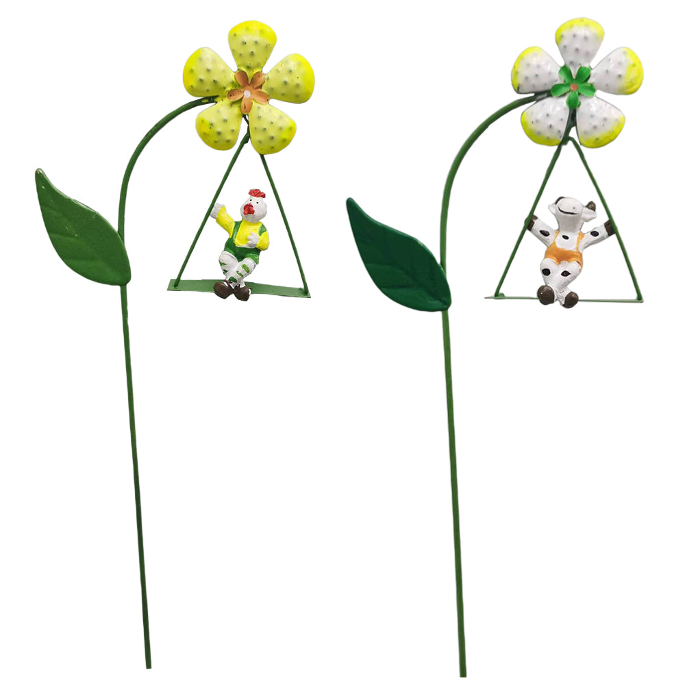 2X Metal Swing Animal Figurines for Pot Plants White Yellow
