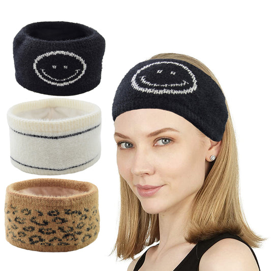 3X Knitted Fleece Lined Headband Khaki Black White