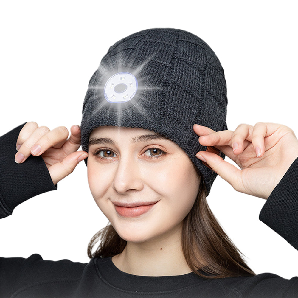 2X Wireless Bluetooth Headphone Beanie LED Lights Hat Dark Grey