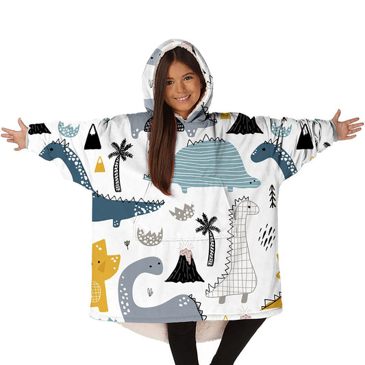 Sherpa Blanket Hoodie Blanket Dinosaur Print