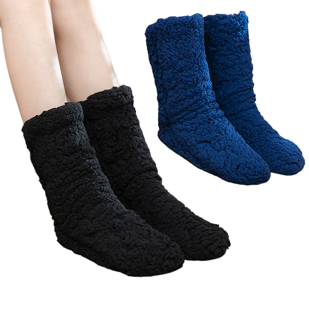 Two Pairs Winter Plush Slipper Socks Black Navy Blue