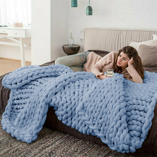 120x100cm Warm Chunky Knit Blanket Throw Blanket Blue