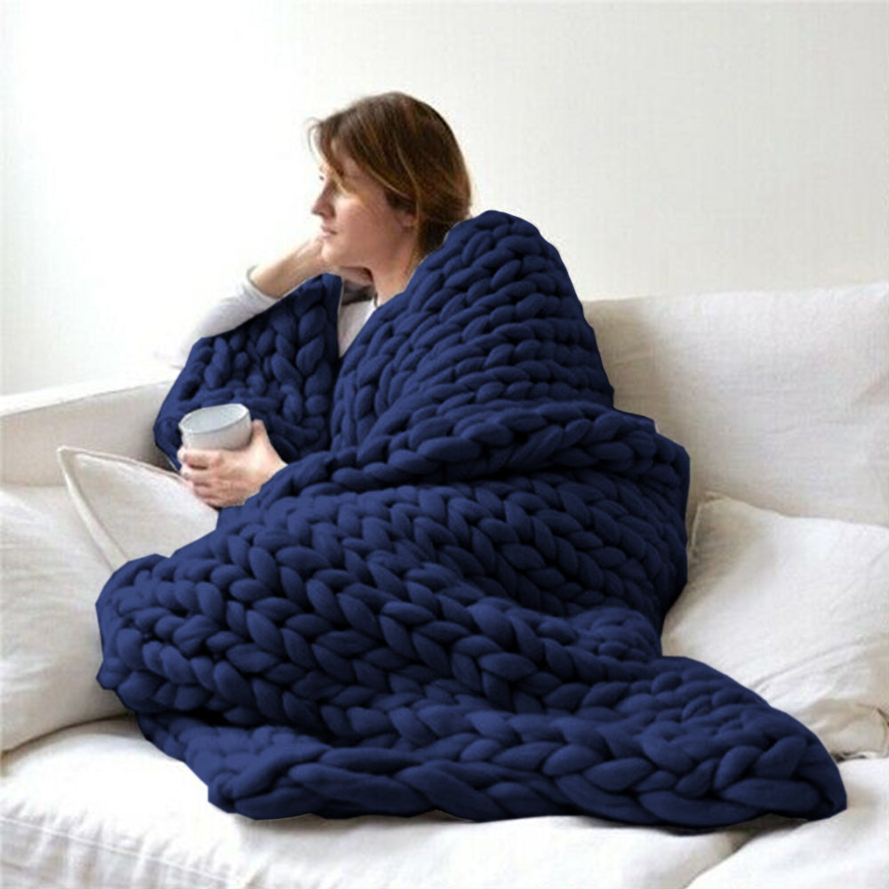 100x100cm Warm Chunky Knit Blanket Throw Blanket Dark Blue