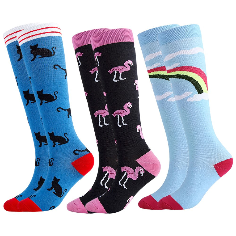 3 Pairs 15-20mmHg Printed Knee Length Compression Socks Running Socks L-XL