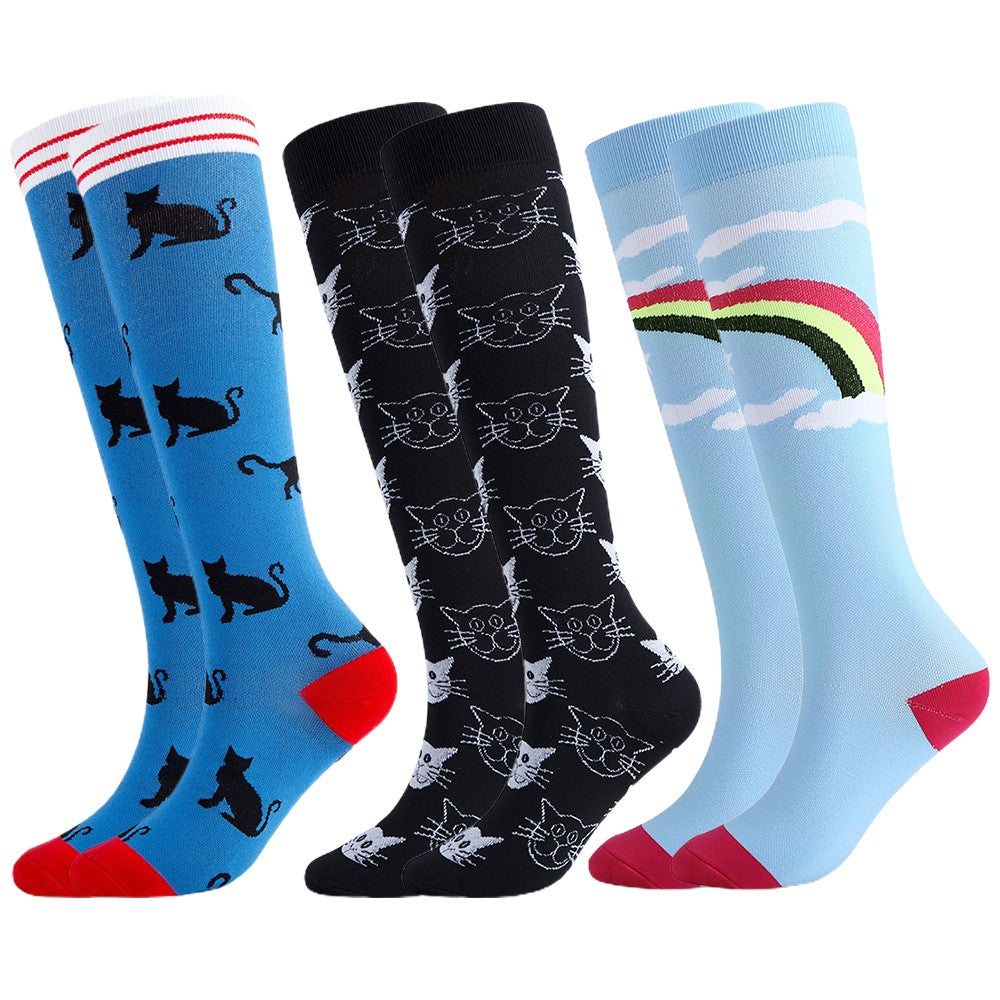 3 Pairs 15-20mmHg Printed Knee Length Compression Socks Running Socks L-XL