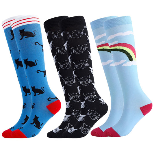 3 Pairs 15-20mmHg Printed Knee Length Compression Socks Running Socks L-XL