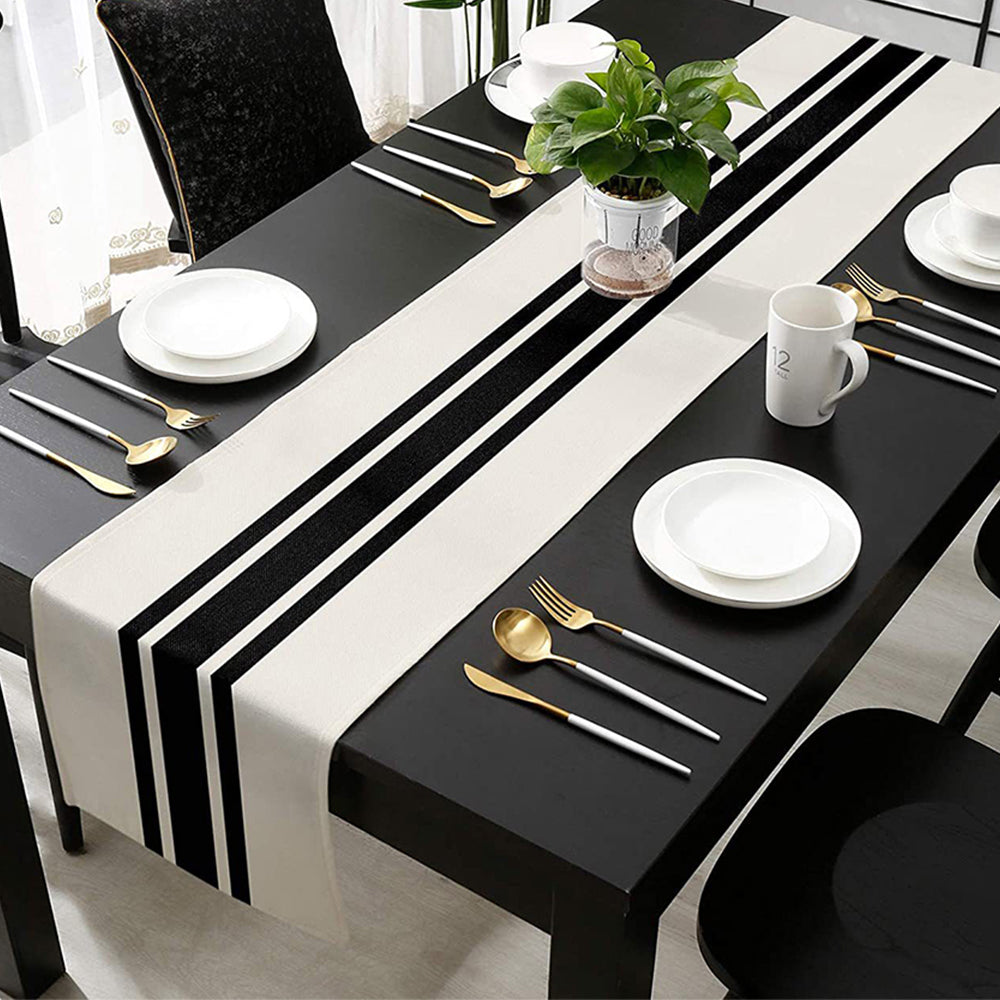 Linen Blended Polyester Table Runner Black Stripes