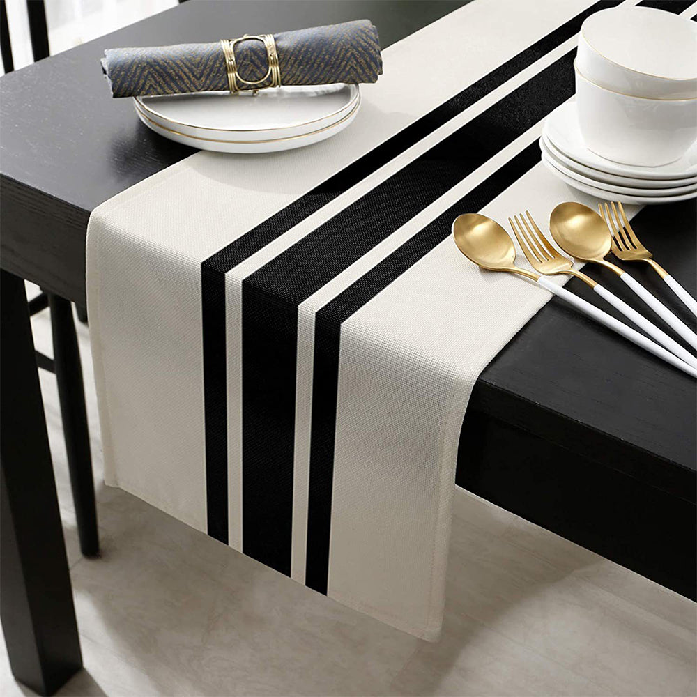 Linen Blended Polyester Table Runner Black Stripes