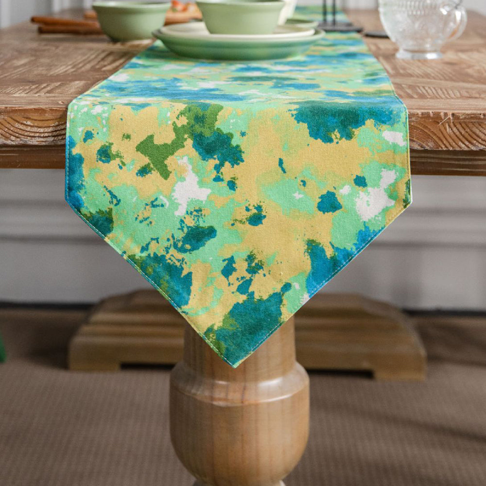 180x30cm Dye Printed Cotton Linen Table Runner Green