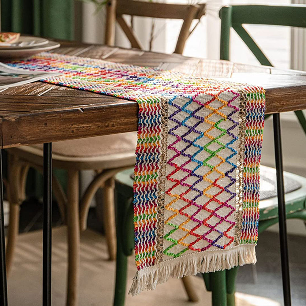 200x30cm Cotton Linen Weave Table Runner with Tassels Style 1