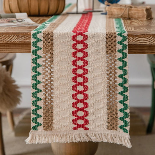 200x30cm Cotton Linen Weave Table Runner with Tassels Style 2