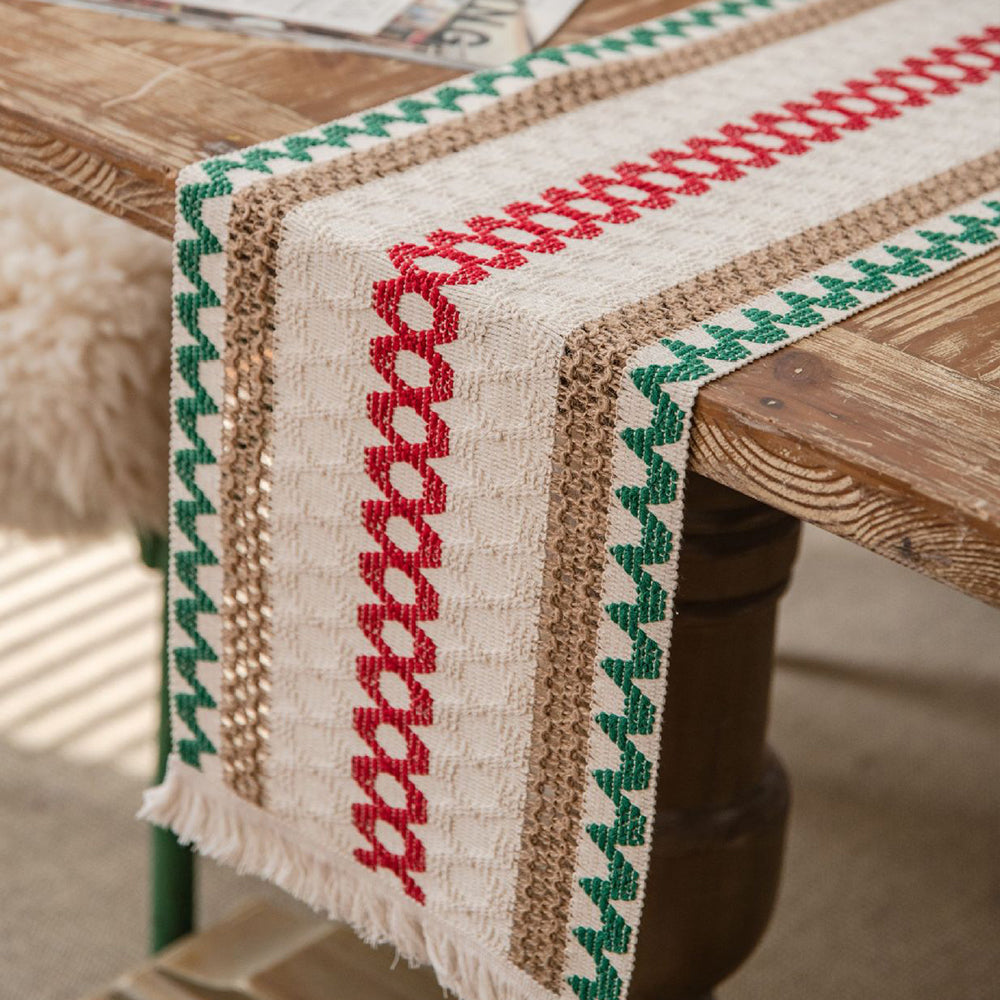 200x30cm Cotton Linen Weave Table Runner with Tassels Style 2