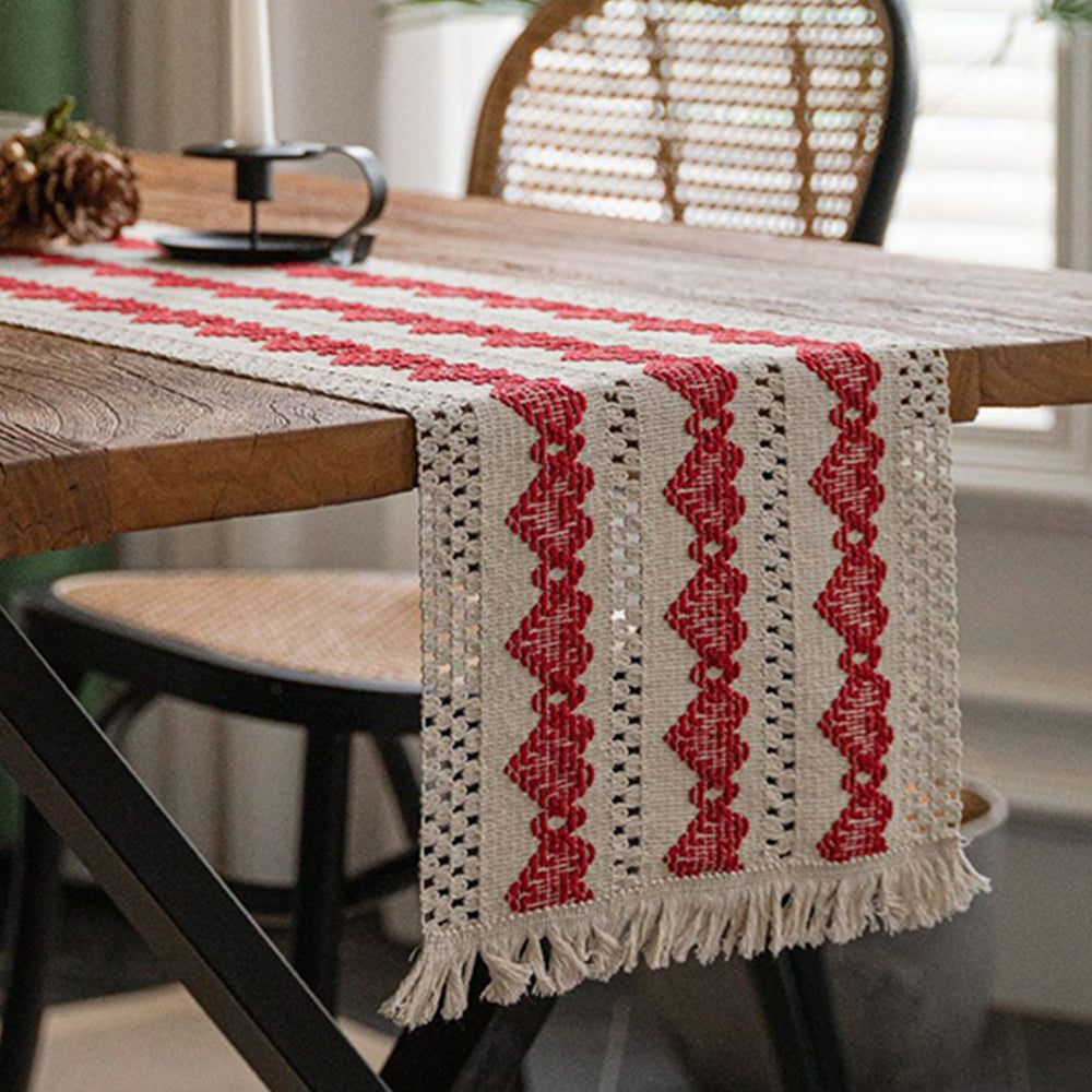 160x30cm Cotton Linen Weave Table Runner with Tassels Style 3