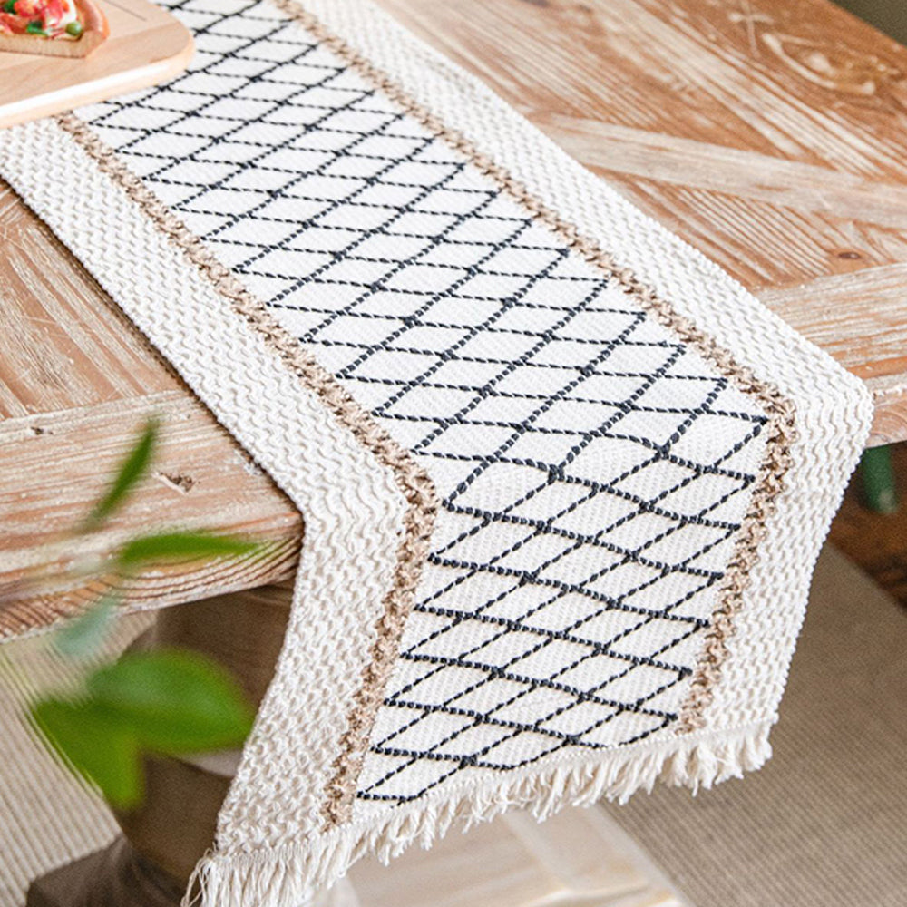 160x30cm Cotton Linen Weave Table Runner with Tassels Style 4