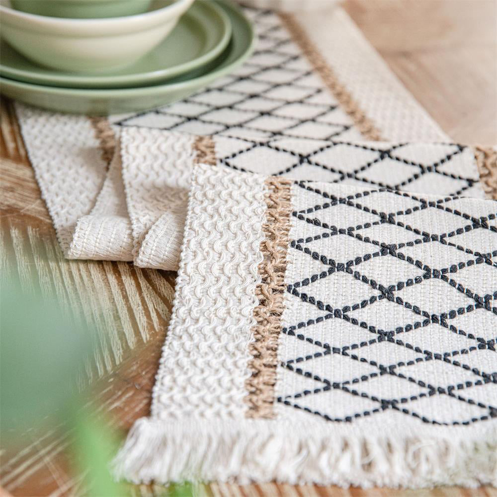 200x30cm Cotton Linen Weave Table Runner with Tassels Style 4