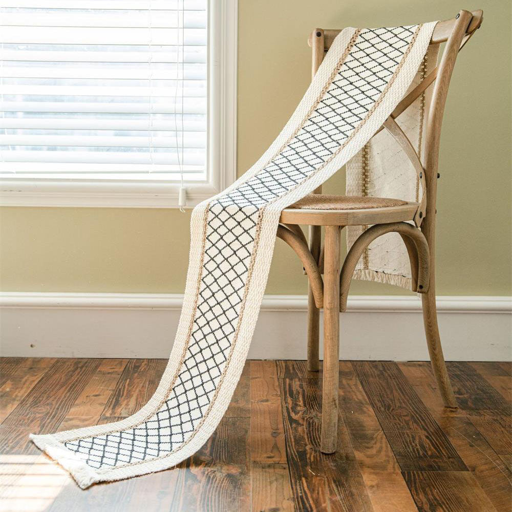 200x30cm Cotton Linen Weave Table Runner with Tassels Style 4