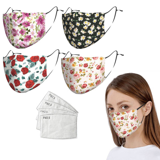 4Pcs Washable Printed Adult Face Mask with Filter