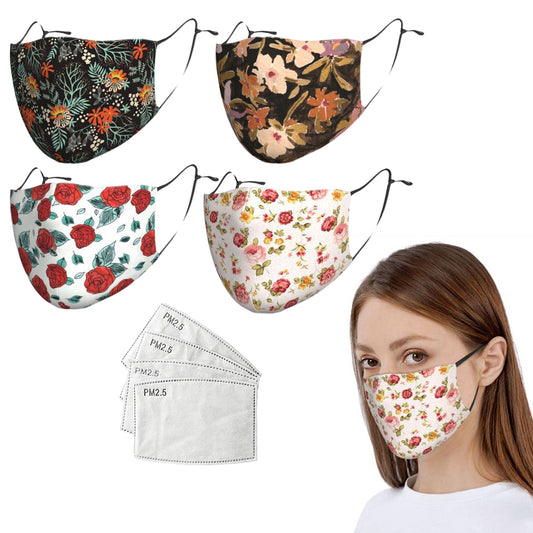 4Pcs Washable Printed Adult Face Mask with Filter