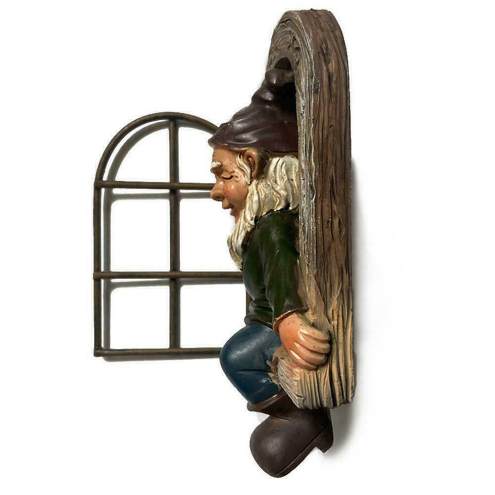 Elf Out The Window Gnome Tree Hugger Garden Statue Man