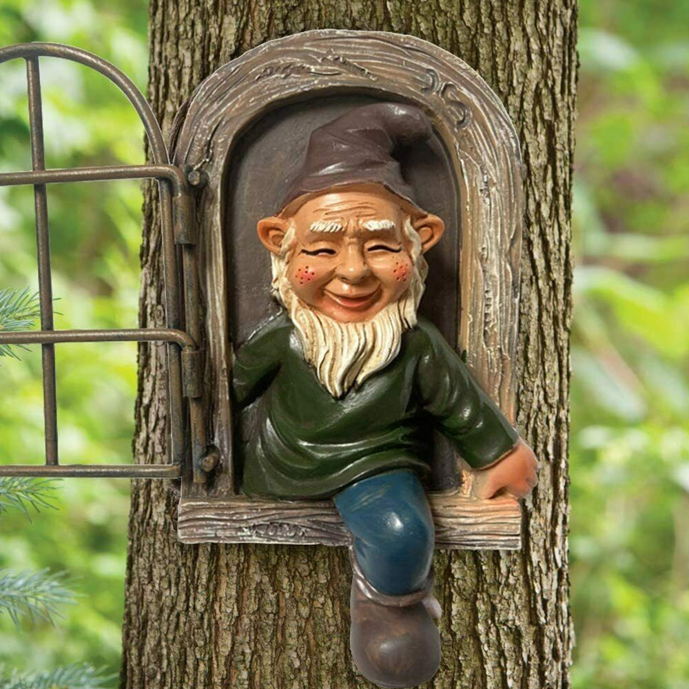Elf Out The Window Gnome Tree Hugger Garden Statue Man
