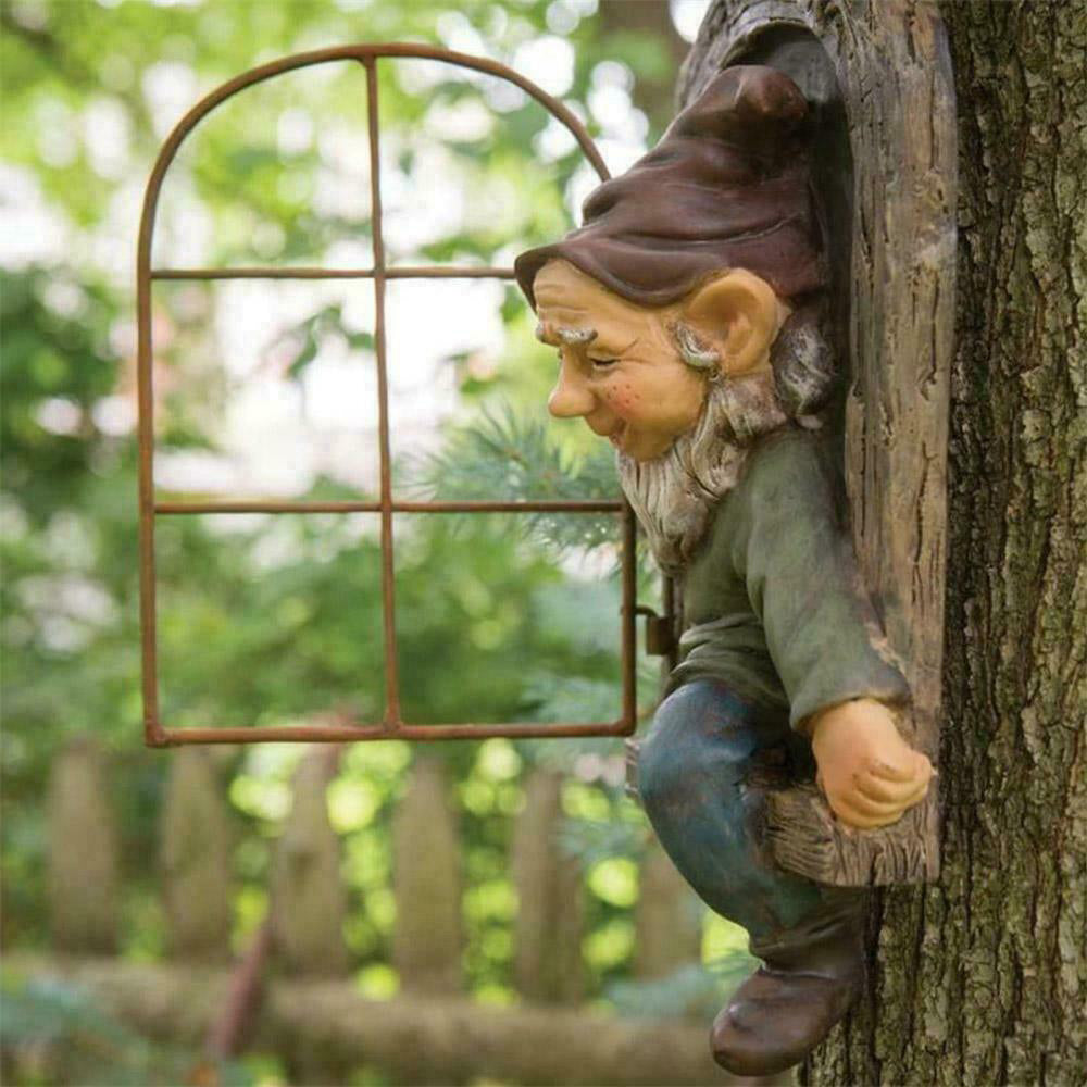Elf Out The Window Gnome Tree Hugger Garden Statue Man