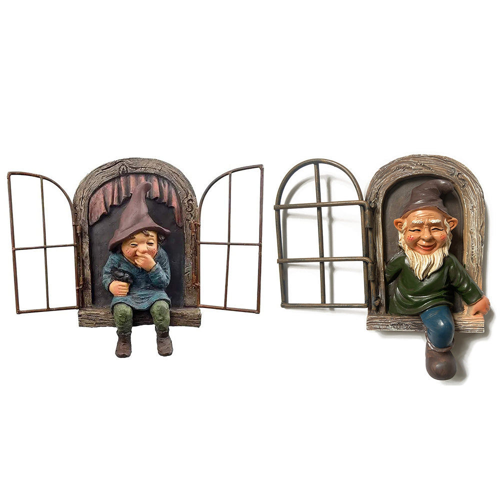 2 X Elf Out The Window Gnome Tree Hugger Garden Statue