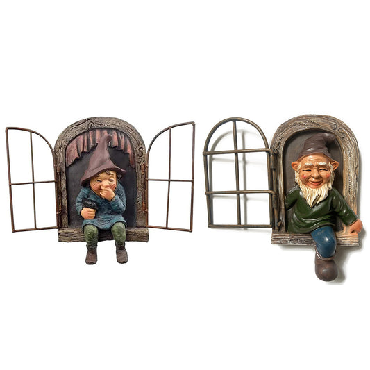 2 X Elf Out The Window Gnome Tree Hugger Garden Statue