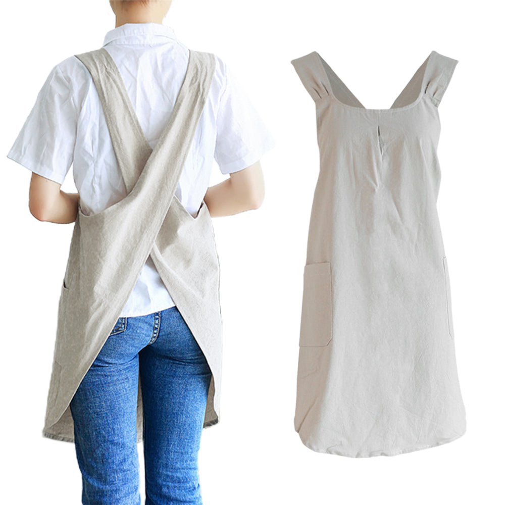 Cotton Aprons Cross Back Apron with Pockets Khaki