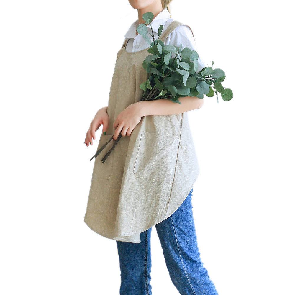 Cotton Aprons Cross Back Apron with Pockets Khaki