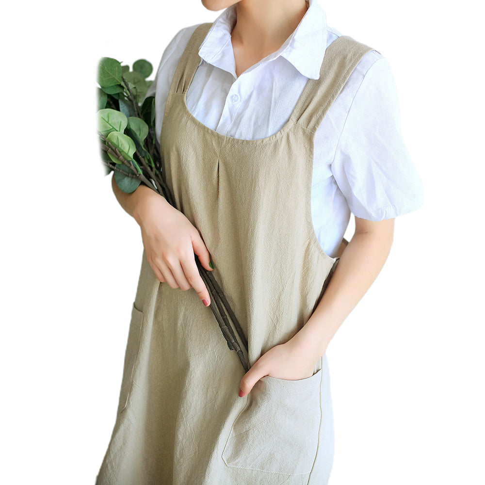 Cotton Aprons Cross Back Apron with Pockets Khaki
