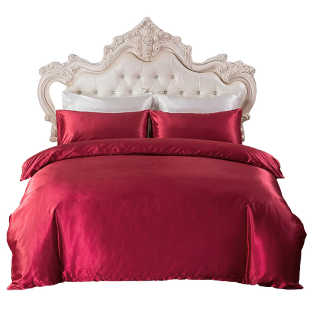 Single Quilt Cover Silk Satin Bedding Set Wine Red