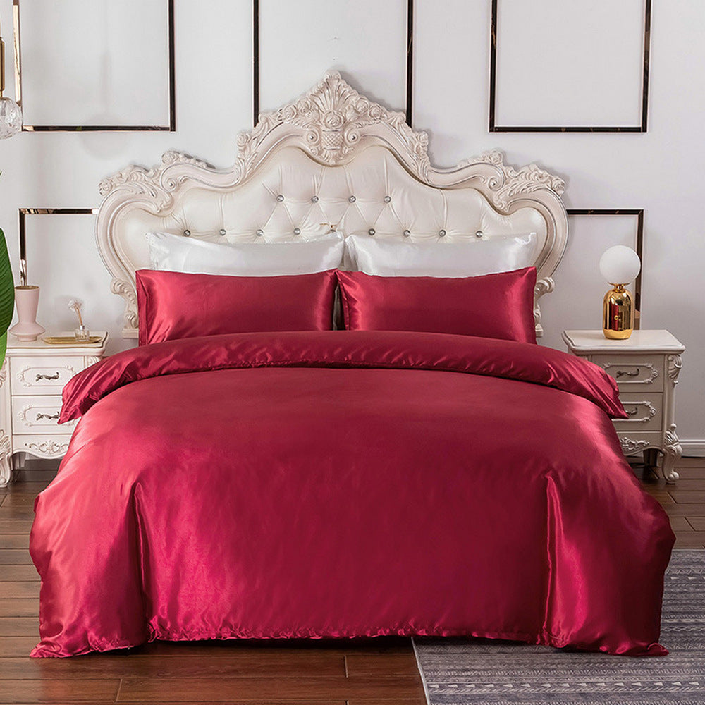 Double Quilt Cover Silk Satin Bedding Set Wine Red