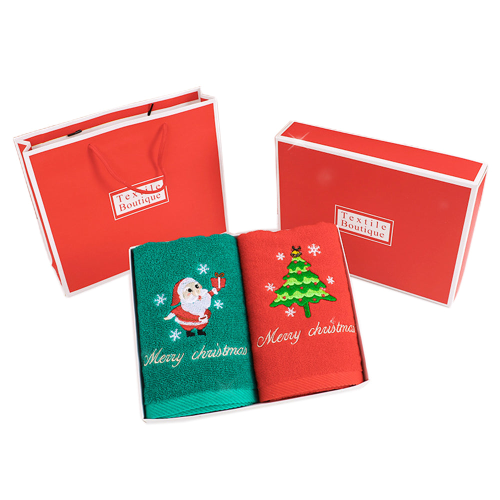 2Pcs Christmas Embroidered Cotton Towels with Christmas Box