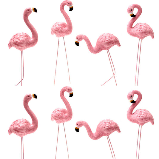 8Pcs Small Pink Flamingo Statue Landscape Decoration Set