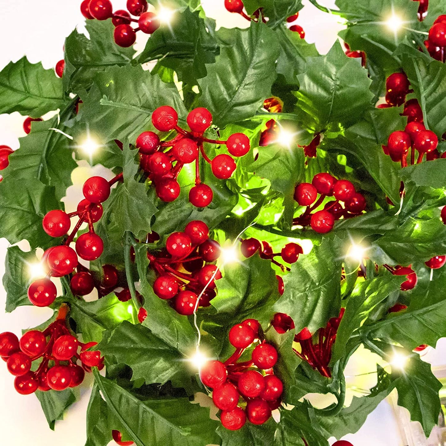 2M Artificial Green Leaves Red Berry Christmas Garland with Lights