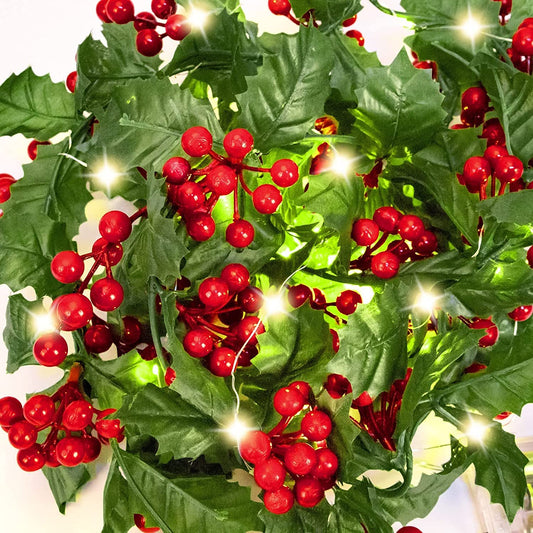 2M Artificial Green Leaves Red Berry Christmas Garland with Lights