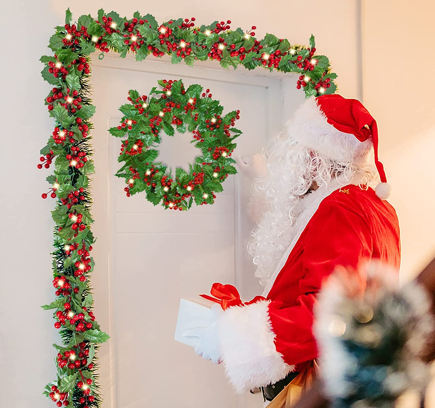 2M Artificial Green Leaves Red Berry Christmas Garland with Lights