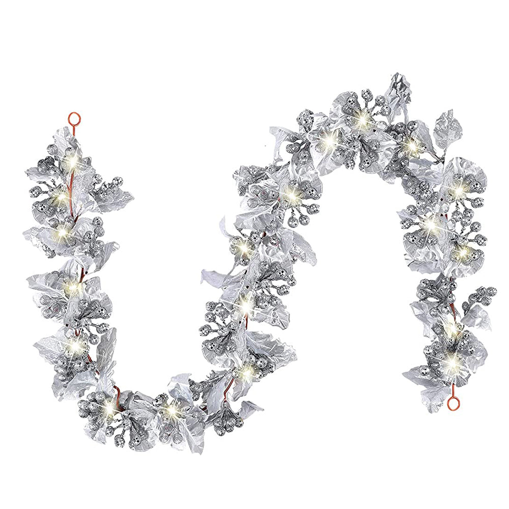 2M Artificial Silver Leaves Red Berry Christmas Garland with Lights